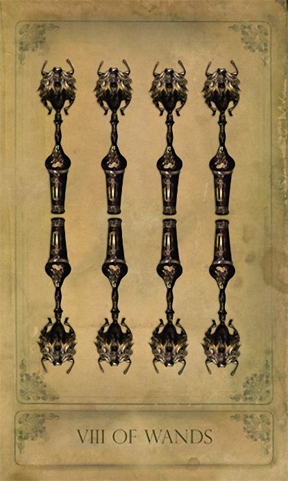 VIII of Wands card from the Sepia Stains Tarot deck by Bethalynne Bajema