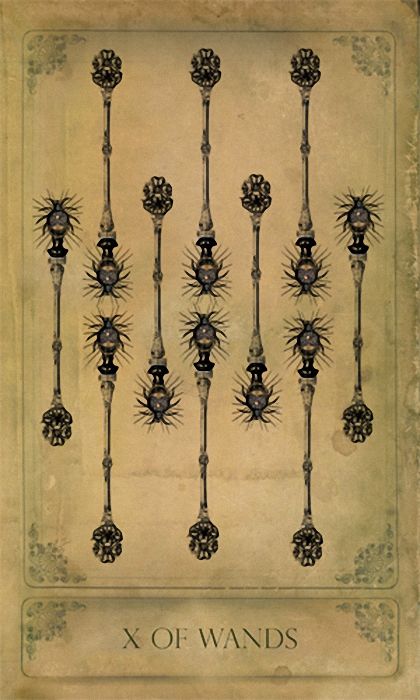 X of Wands card from the Sepia Stains Tarot by Bethalynne Bajema