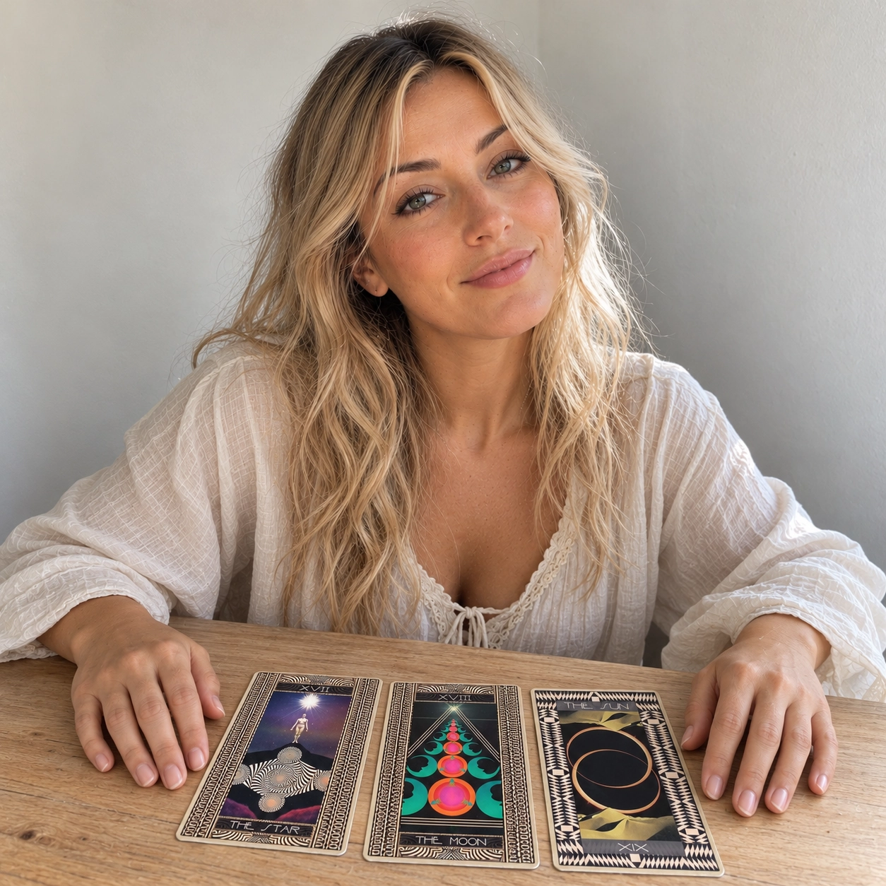 Generated editorial scene of Aurica with The Star, The Moon and The Sun from Serpentfire Tarot laid face-up on a simple table