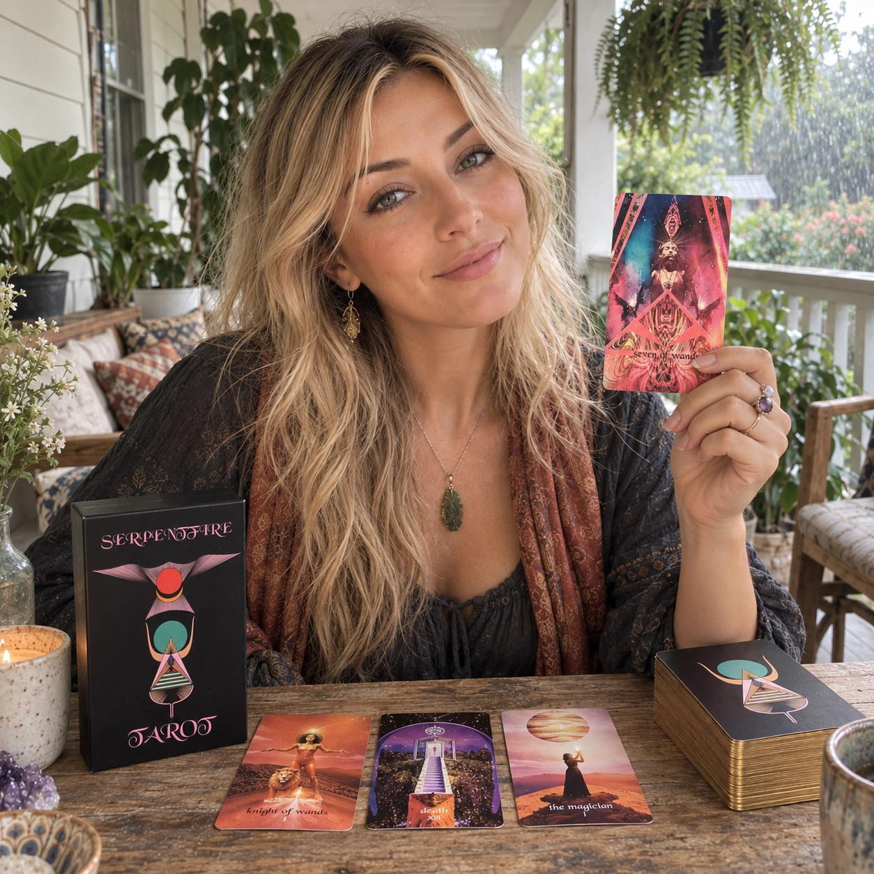Aurica reading with the Serpentfire Tarot final 7th edition on a covered porch
