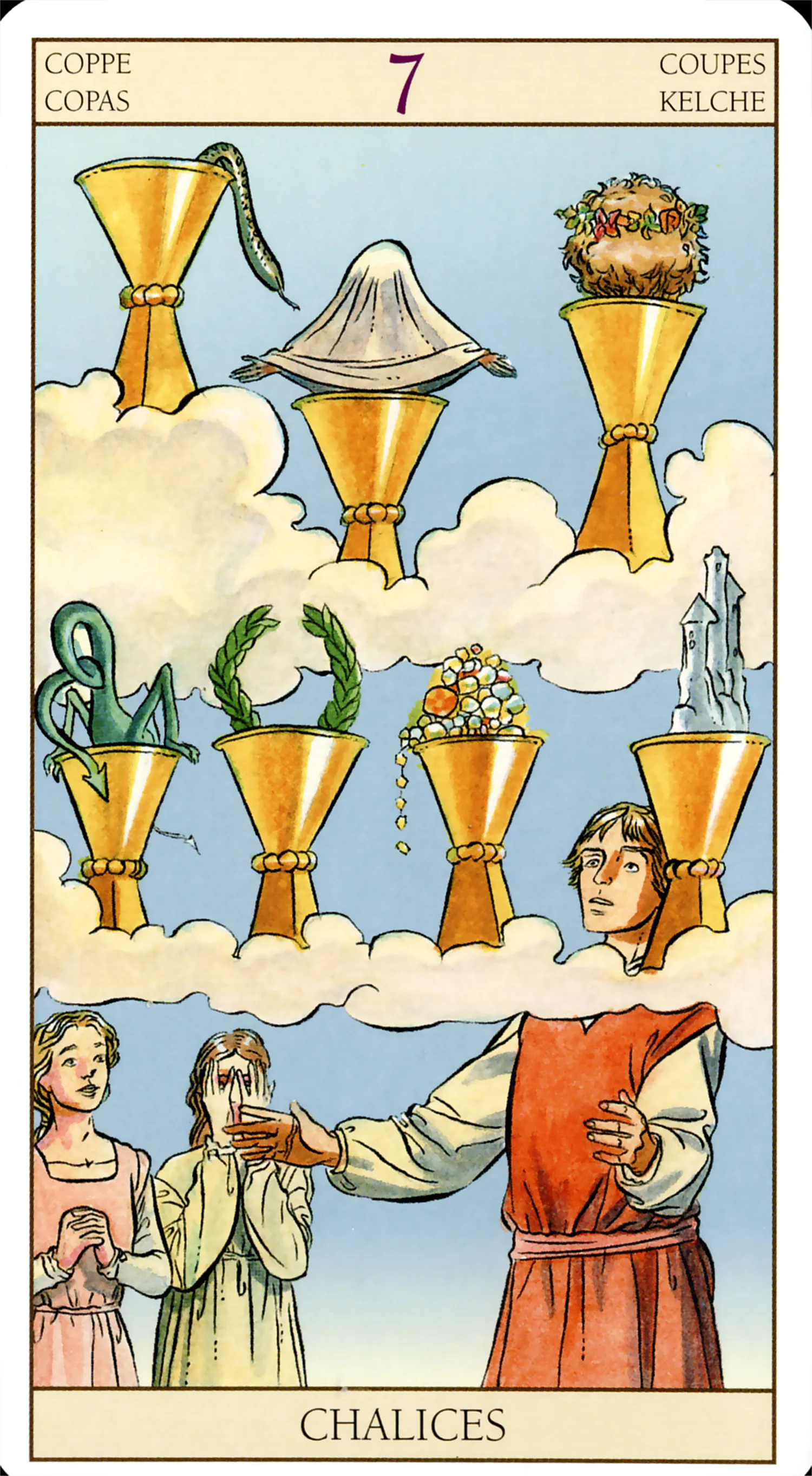 Seven of Cups card from the Tarot of the New Vision deck by Lo Scarabeo