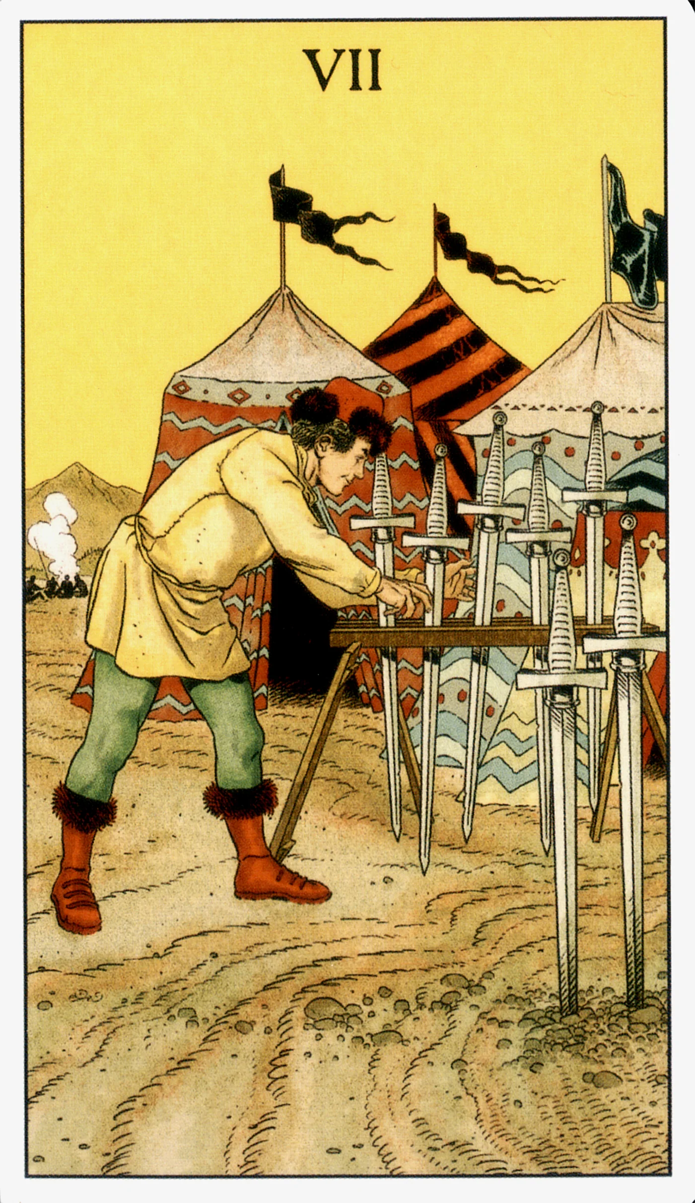 Seven of Swords — Before Tarot by Lo Scarabeo Seven of Swords card from the Before Tarot deck by Lo Scarabeo