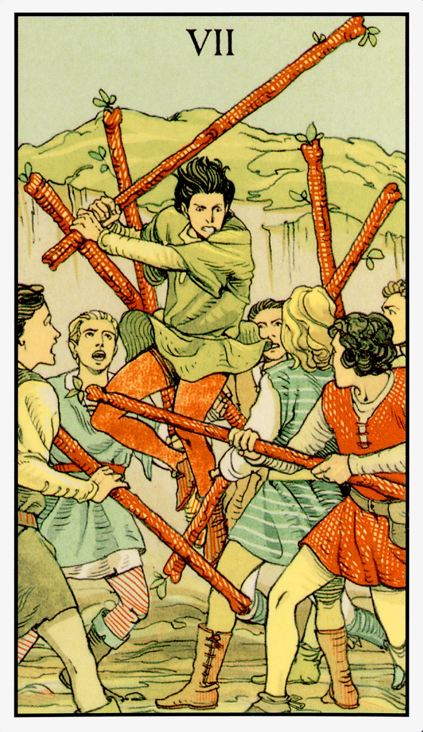 Seven of Wands card from the After Tarot deck by Lo Scarabeo