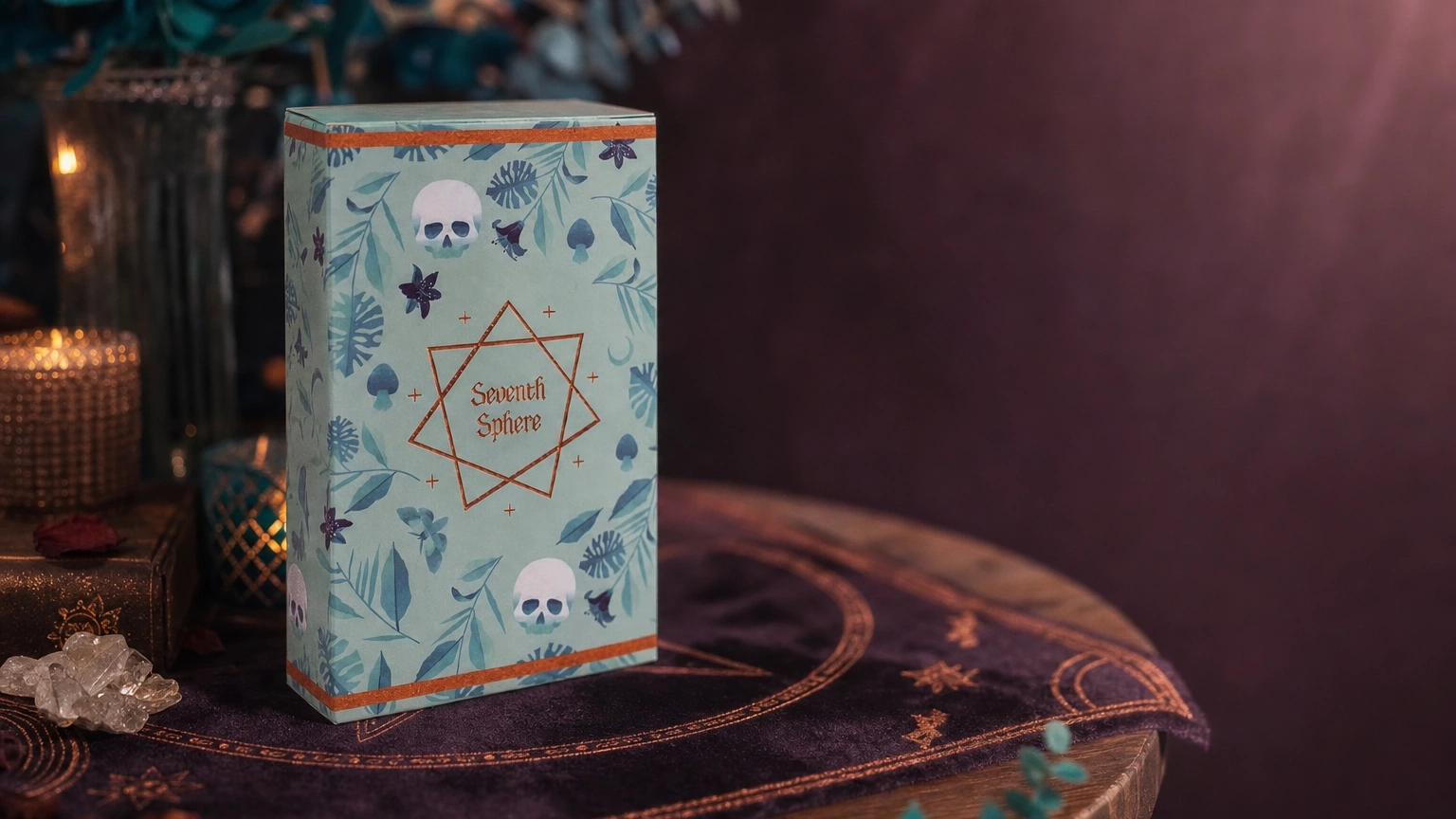 Seventh Sphere Tarot Deck by Tina Gong Seventh Sphere Tarot Deck by Tina Gong in a mystical tabletop setting