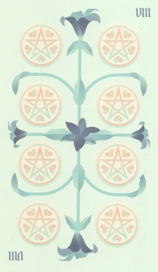 Eight of Pentacles card from the Seventh Sphere Tarot deck