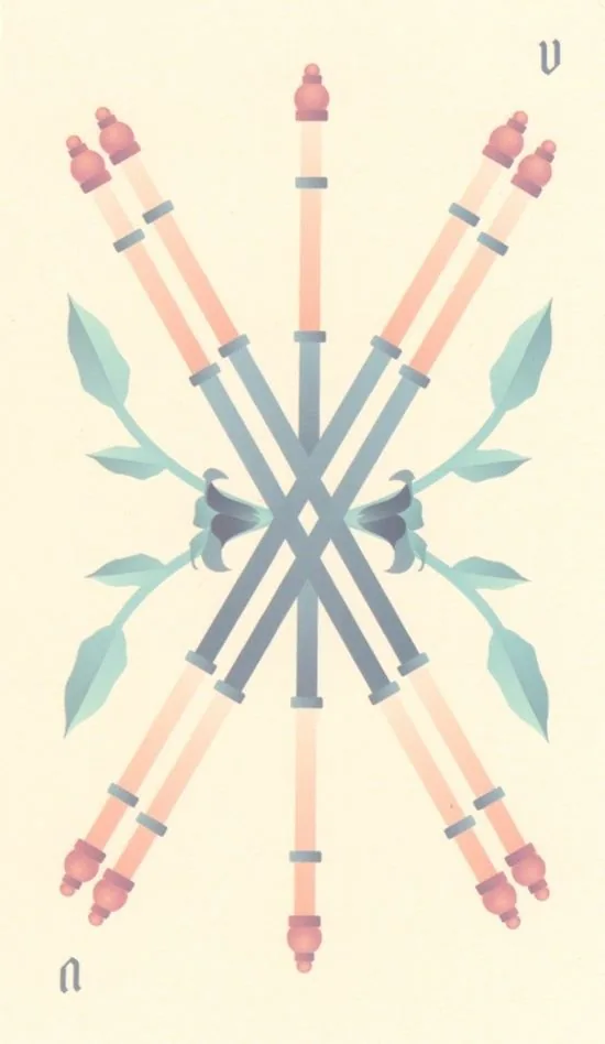 Five of Wands card from the Seventh Sphere Tarot deck