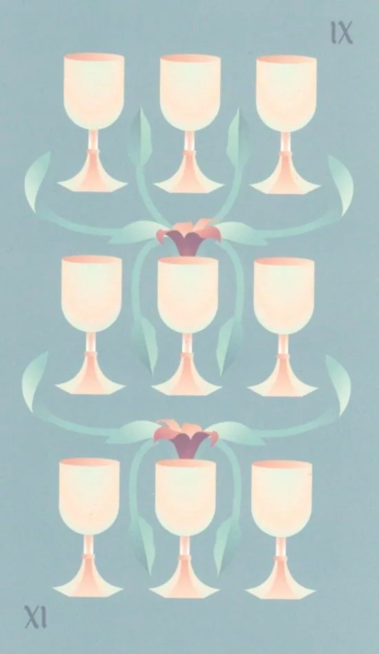 Nine of Cups card from the Seventh Sphere Tarot deck