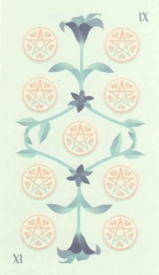 Nine of Pentacles card from the Seventh Sphere Tarot deck