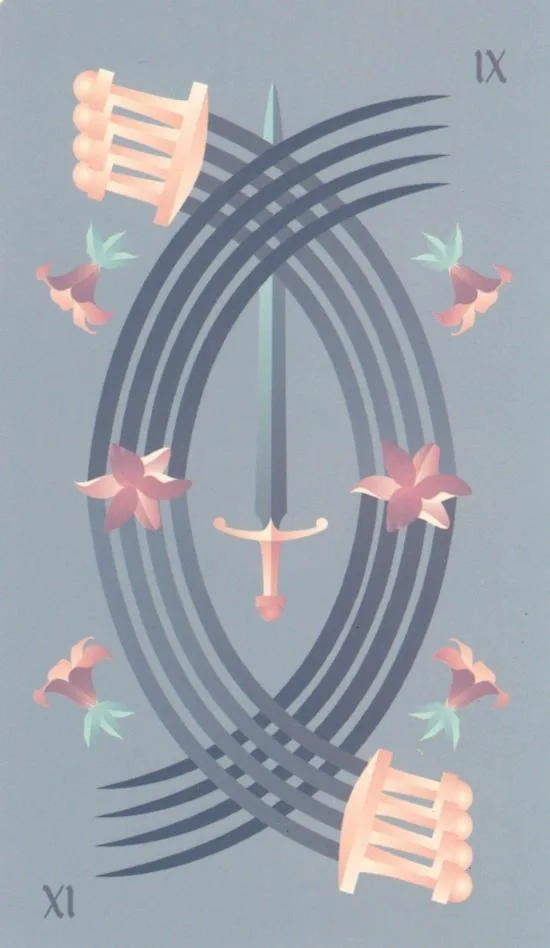 Nine of Swords card from the Seventh Sphere Tarot deck