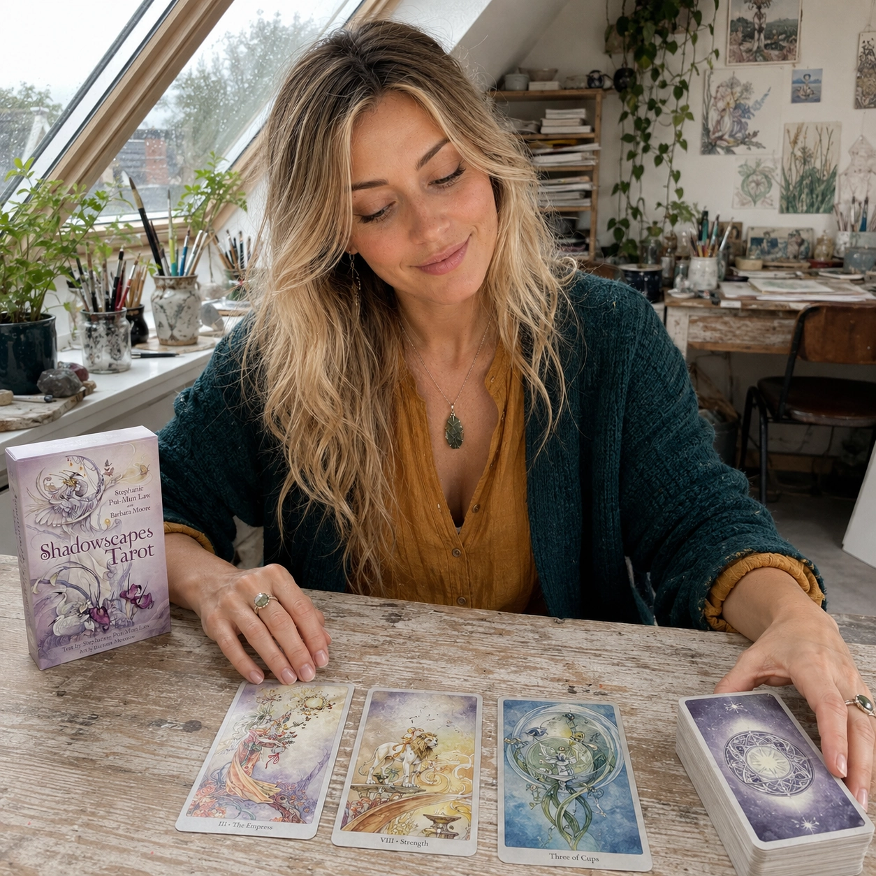 Aurica arranging The Empress, Strength, and Three of Cups from Shadowscapes Tarot beside the deck box and stacked cards