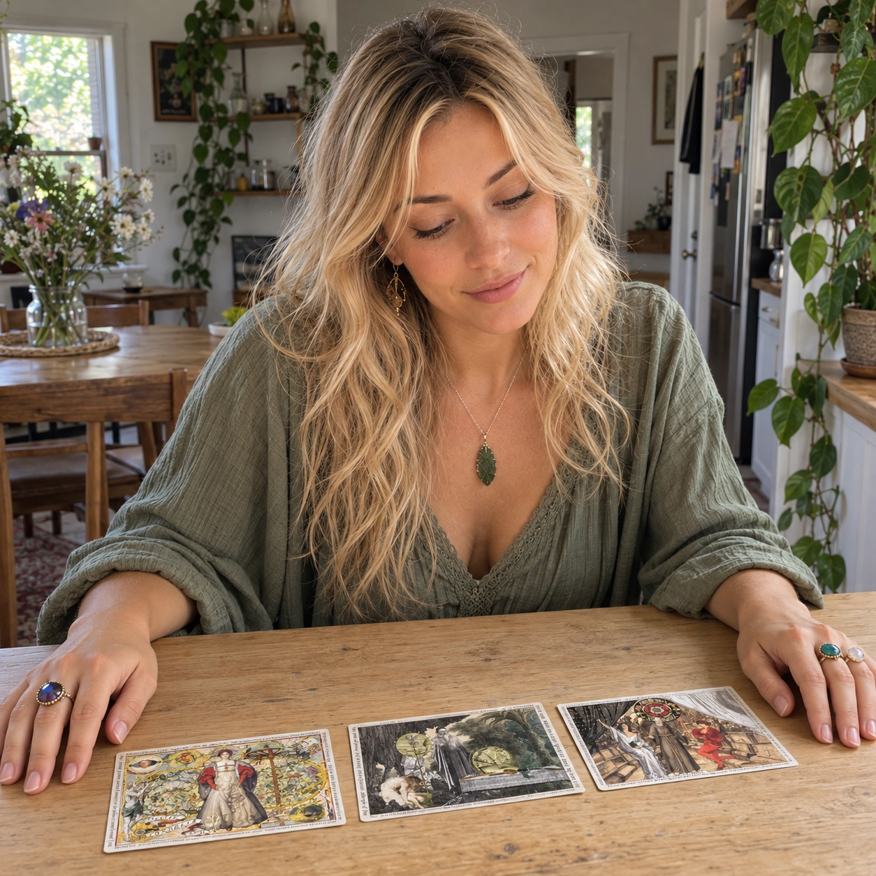 Blonde Aurica looking down at three face-up Shakespeare Tarot cards on the table, with both hands resting empty and no box