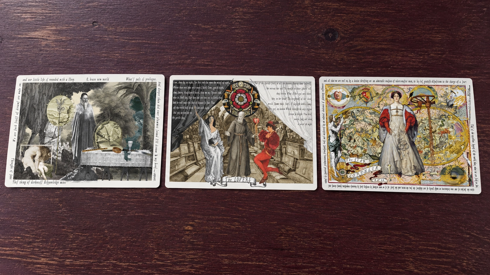 Generated scene of three verified The Shakespeare Tarot cards by Chris Leech on a simple table; no box