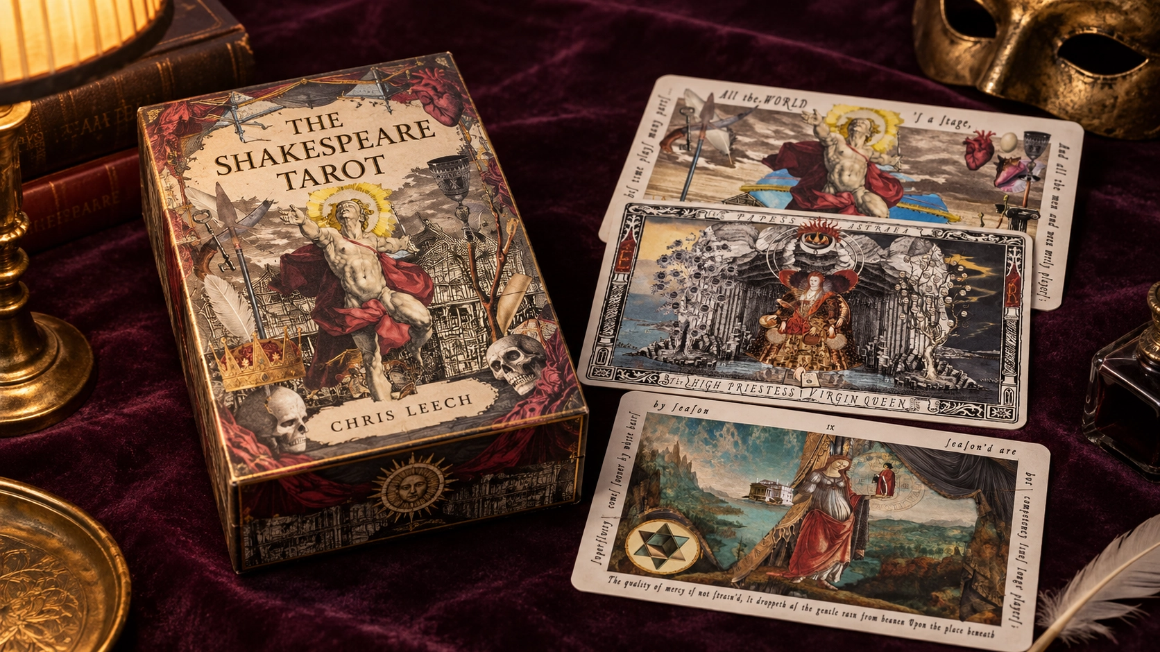 Generated archival product scene for The Shakespeare Tarot by Chris Leech, with a rigid deck box and three verified card designs