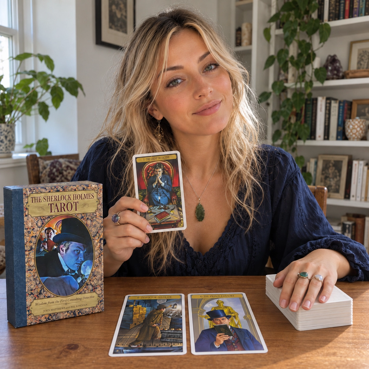 AI-generated editorial image of Aurica presenting The Great Detective card with Sherlock Holmes Tarot, its blue-portrait box and a small card spread