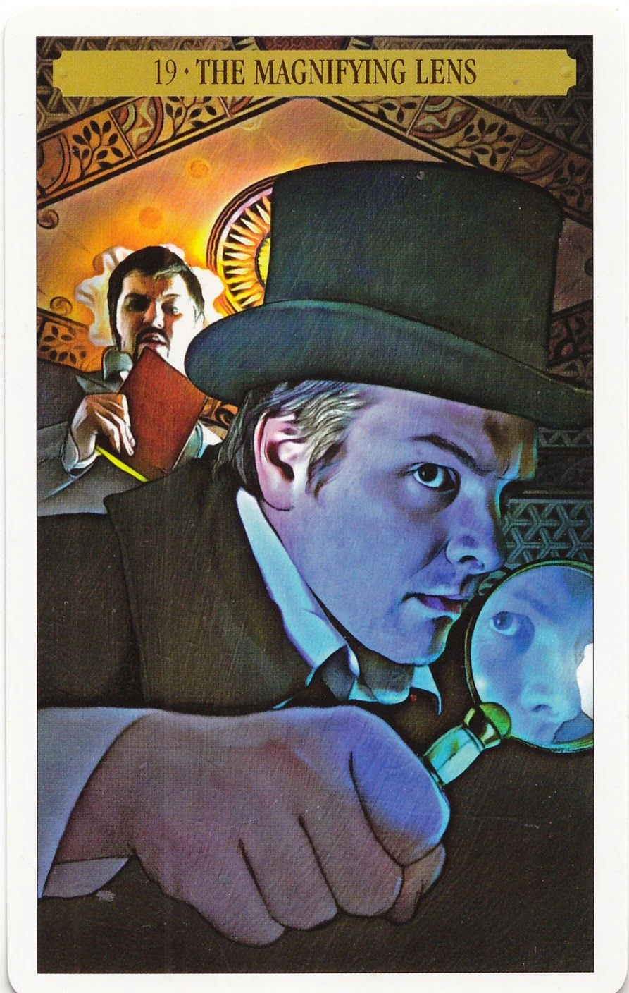 The Magnifying Lens card from the Sherlock Holmes Tarot deck by John Matthews and Wil Kinghan