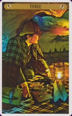 Three of Evidence card from the Sherlock Holmes Tarot deck by John Matthews and Wil Kinghan