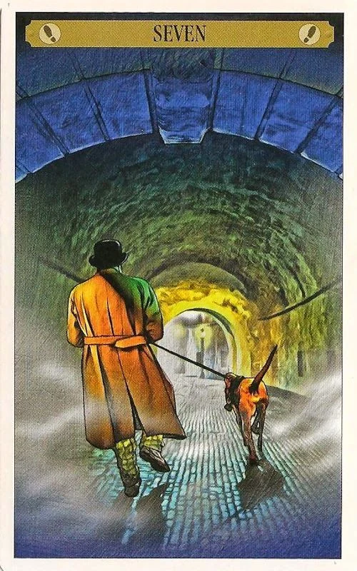 Seven of Evidence card from the Sherlock Holmes Tarot deck by John Matthews and Wil Kinghan