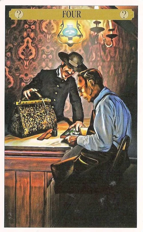 Four of Deduction card from the Sherlock Holmes Tarot deck