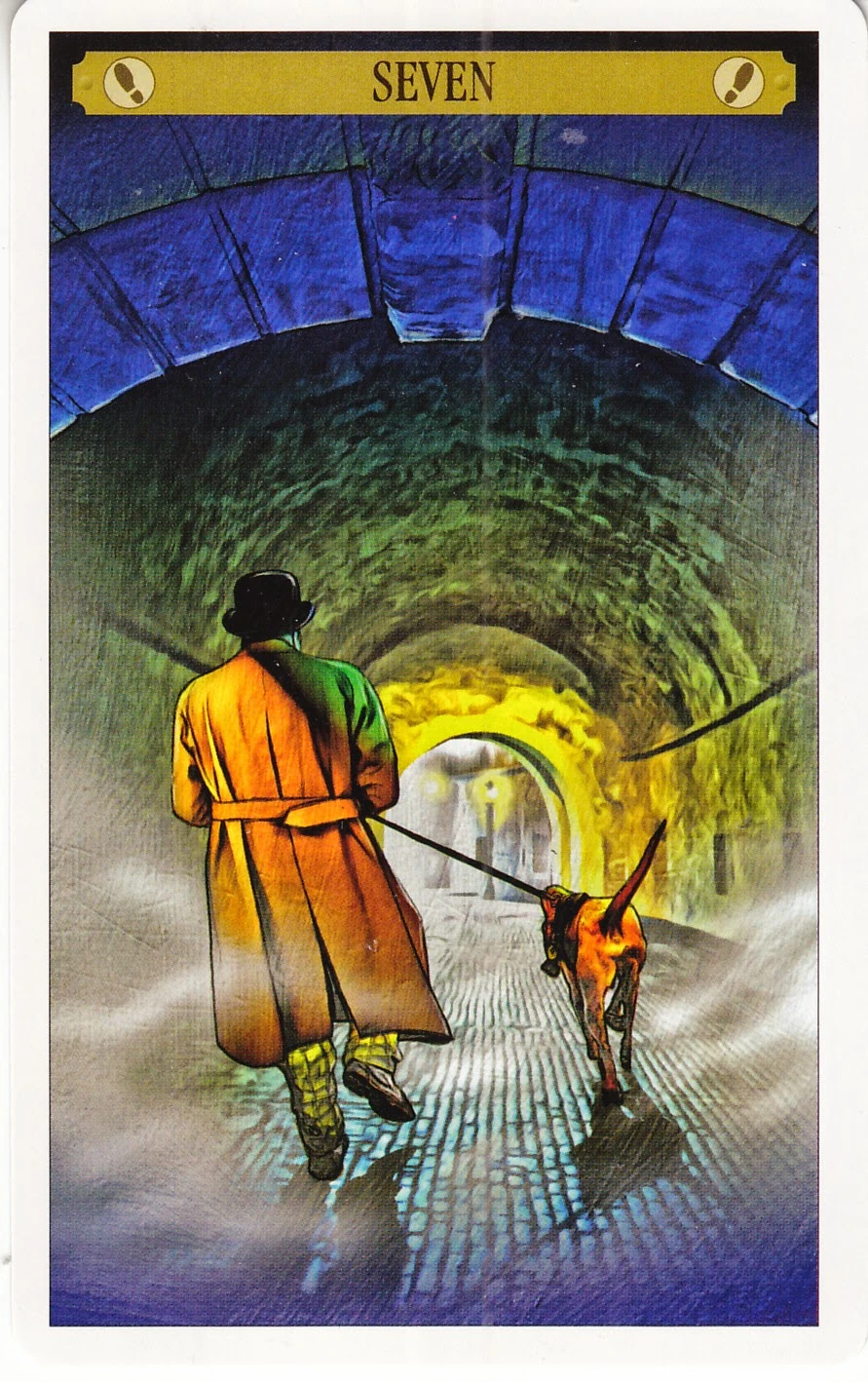 Seven of Deduction card from the Sherlock Holmes Tarot deck by John Matthews and Wil Kinghan