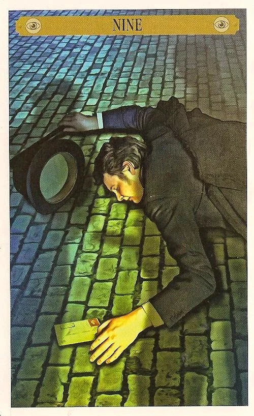 Nine of Observation card from the Sherlock Holmes Tarot deck