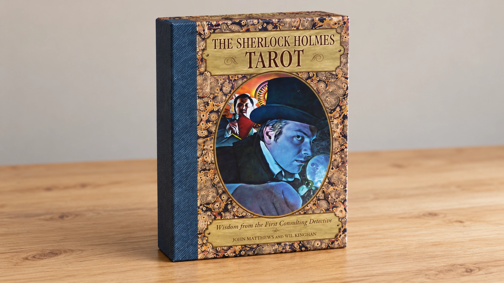 AI-generated editorial illustration of the Sherlock Holmes Tarot box alone on a simple wooden table
