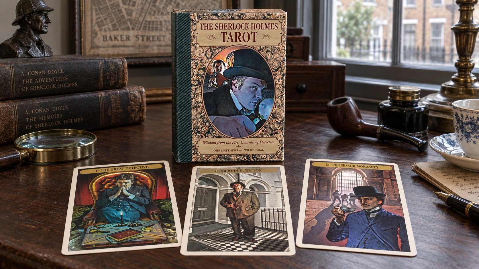 Generated editorial scene of the exact Sherlock Holmes Tarot box with three deck cards on a Victorian writing desk