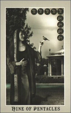 Nine of Pentacles card from the Silver Era Tarot deck