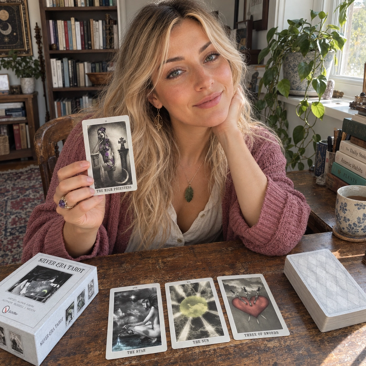 Aurica reading Silver Era Tarot while holding The High Priestess beside the box, spread and stacked deck