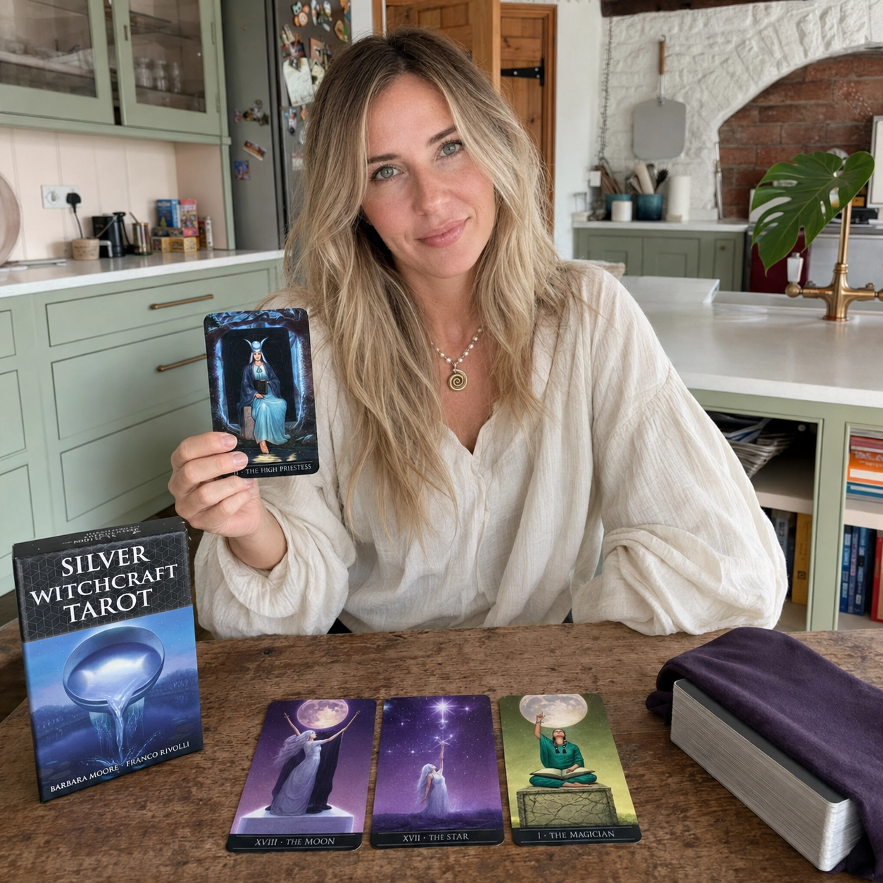 Aurica presenting The High Priestess while reading with Silver Witchcraft Tarot