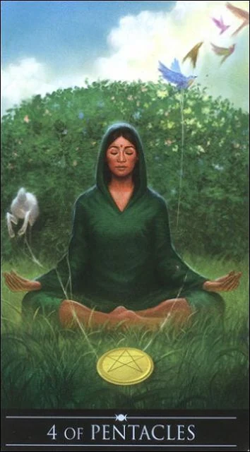 Four of Pentacles card from the Silver Witchcraft Tarot deck