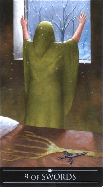 Nine of Swords card from the Silver Witchcraft Tarot deck by Barbara Moore and Franco Rivolli