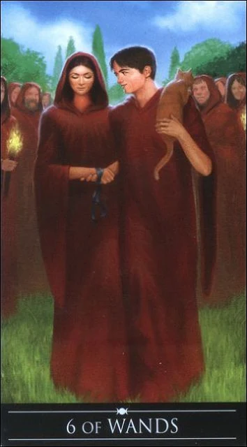 Six of Wands card from the Silver Witchcraft Tarot deck by Barbara Moore and Franco Rivolli