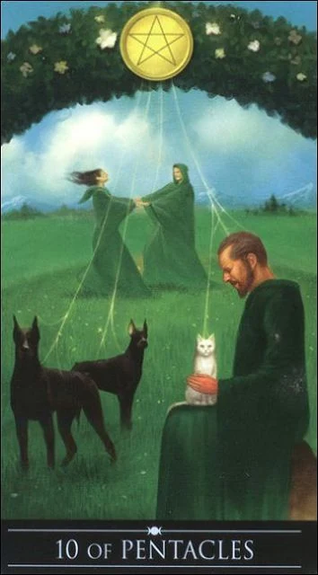 Ten of Pentacles card from the Silver Witchcraft Tarot deck by Barbara Moore and Franco Rivolli