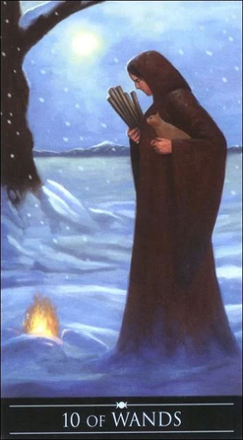 Ten of Wands card from the Silver Witchcraft Tarot deck by Barbara Moore and Franco Rivolli