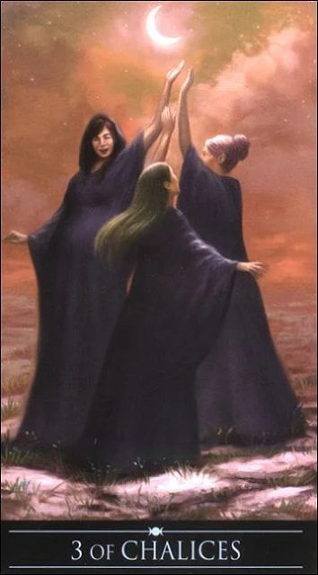 Three of Chalices card from the Silver Witchcraft Tarot deck by Barbara Moore and Franco Rivolli
