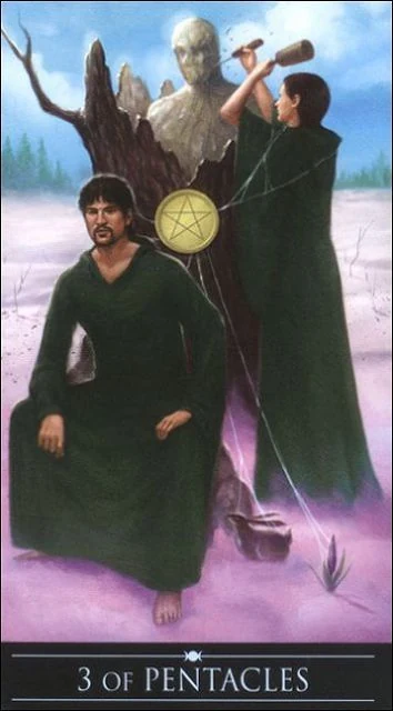 Three of Pentacles card from the Silver Witchcraft Tarot deck by Barbara Moore and Franco Rivolli