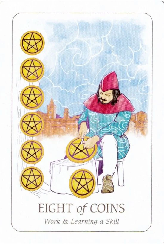 Eight of Coins card from the Simplicity Tarot deck by Emilie Muñiz