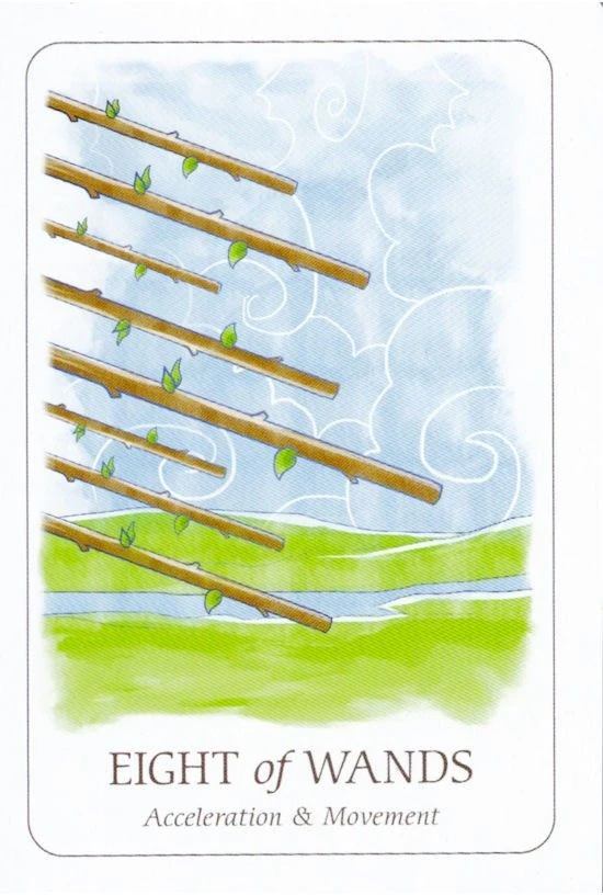 Eight of Wands card from the Simplicity Tarot deck by Emilie Muñiz