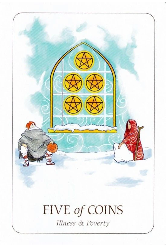 Five of Coins card from the Simplicity Tarot deck by Emilie Muñiz