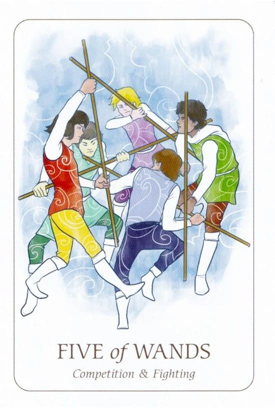 Five of Wands card from the Simplicity Tarot deck by Emilie Muñiz