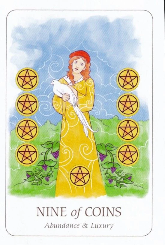 Nine of Coins card from the Simplicity Tarot deck by Emilie Muñiz