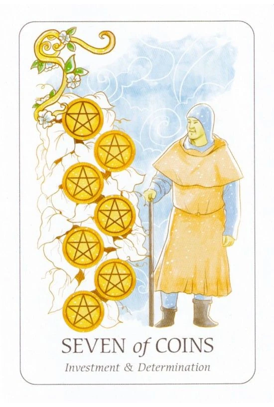 Seven of Coins card from the Simplicity Tarot deck by Emilie Muñiz
