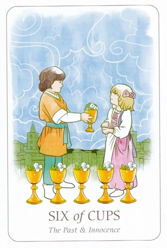 Six of Cups card from the Simplicity Tarot deck by Emilie Muñiz
