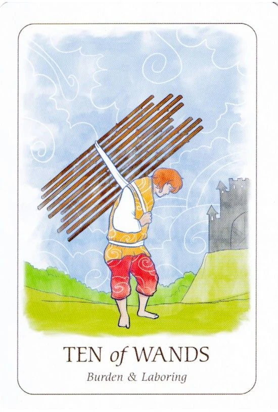 Ten of Wands card from the Simplicity Tarot deck by Emilie Muñiz