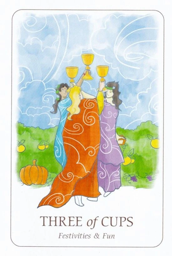Three of Cups card from the Simplicity Tarot deck by Emilie Muñiz