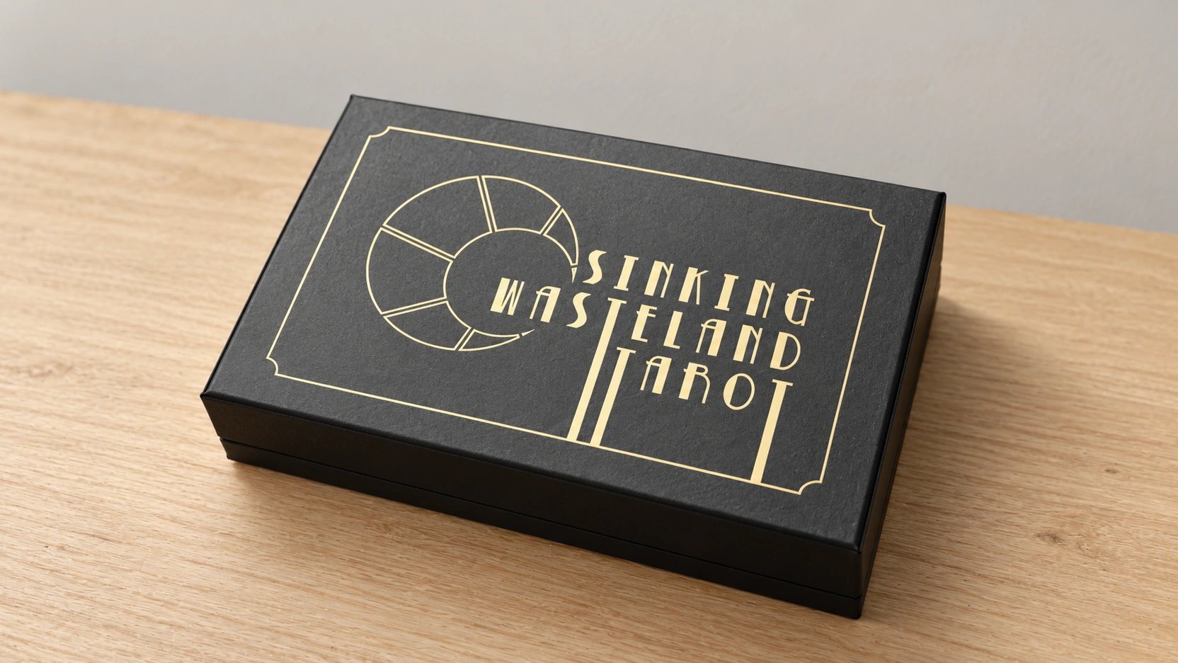 Sinking Wasteland Tarot Deck by James Brothwell Generated editorial visualization of the closed Sinking Wasteland Tarot box on a bare wooden table against a plain wall