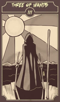 Three of Wands card from the Sinking Wasteland Tarot deck