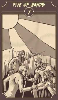 Five of Wands card from the Sinking Wasteland Tarot deck