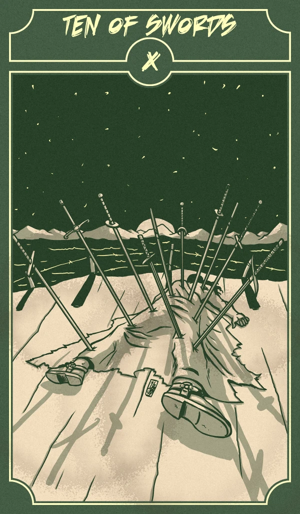 Ten of Swords card from the Sinking Wasteland Tarot deck