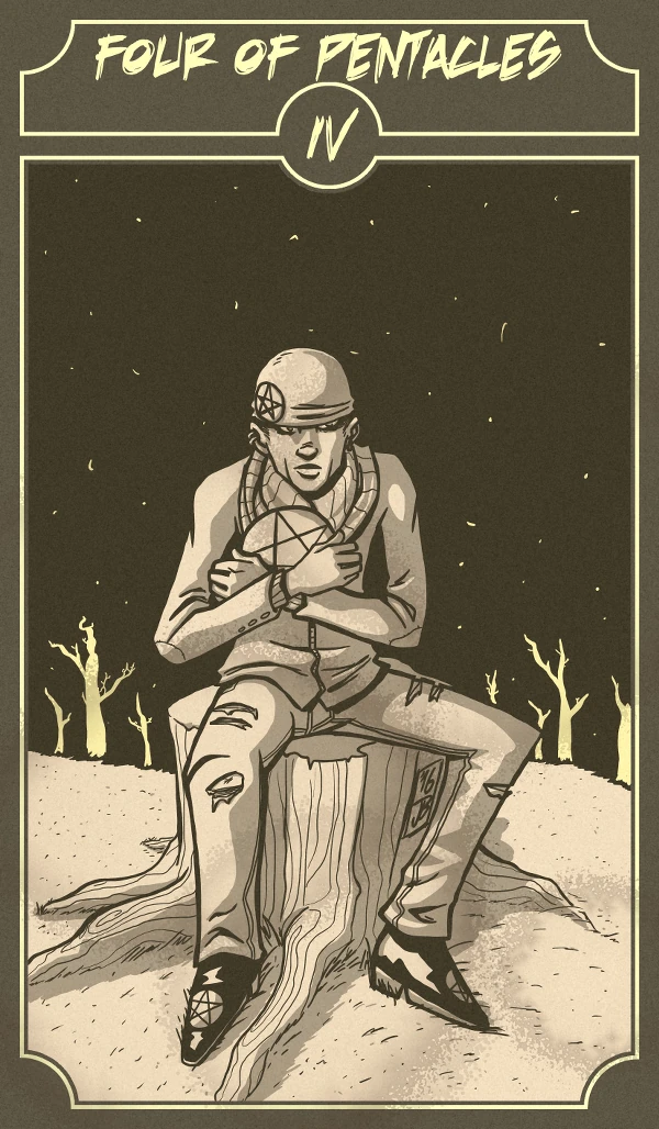 Four of Pentacles card from the Sinking Wasteland Tarot deck
